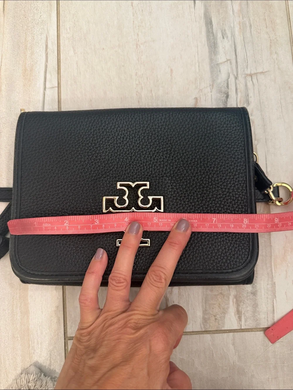 Tory Burch Black Pebbled Leather Logo Crossbody Bag with Gold Hardware